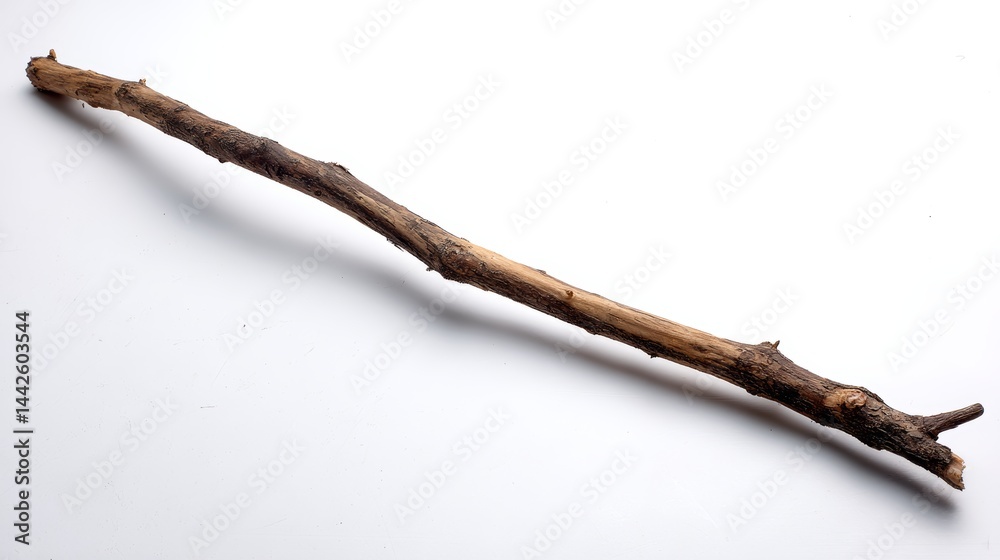 Fototapete A close-up view captures a simple branch leaning gently at an angle on a clean white surface, emphasizing its natural textures and elegant minimalism