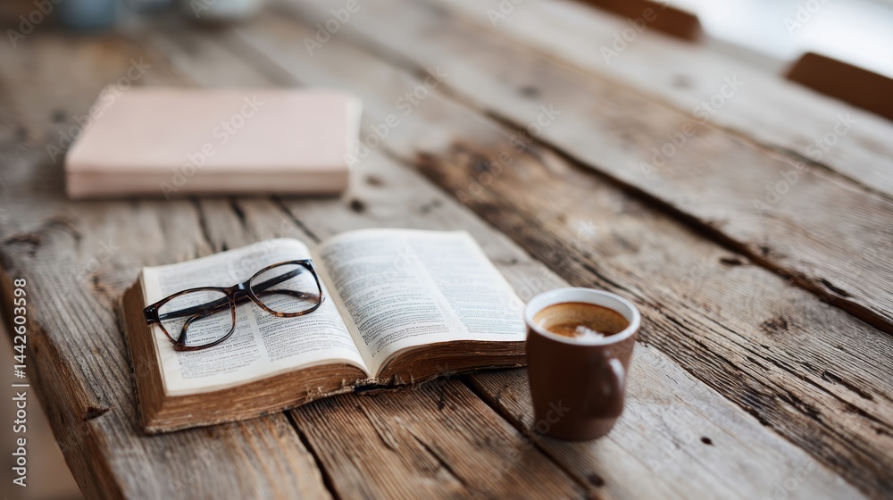 Poster glasses rest on an open book next to a cup of coffee, capturing a moment of quiet reflection in the 