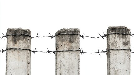 Sharp barbed wire wrapped around jagged concrete pillars on white background