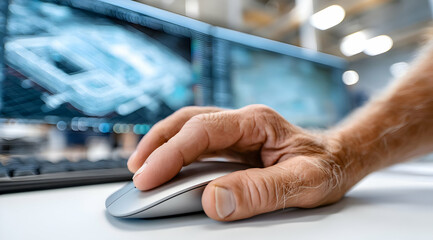 A close-up of a human hand grasping a computer mouse, set against a background of a digital screen displaying blueprints and technical designs.