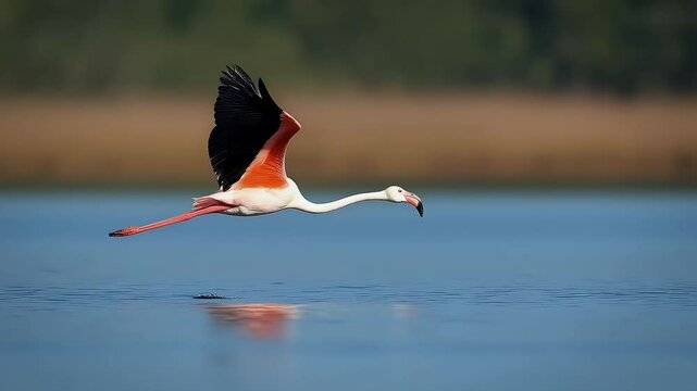 A flamingo flaying on water lake surface in slow motion