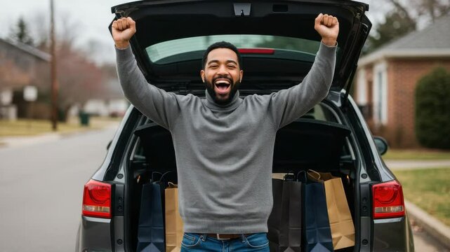 Joyful man shows excitement after completing his shopping haul from local stores