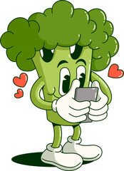 Cartoon Broccoli Character Using Smartphone
