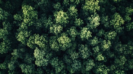 Aerial view of lush green forest canopy dense trees nature top dark life drone woods shade image
