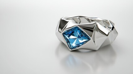 A shiny silver ring with a square blue jewel centerpiece
