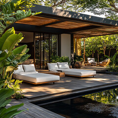 Fototapeta premium Sleek deck with dark wood planks and minimalist white furniture, framed by dense tropical plants., The setting includes comfortable seating areas and water features,