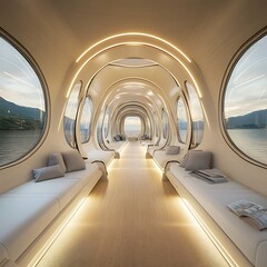 Obraz premium Hyper-Modern Train Carriage with Private Capsule Seating, Soft LED-Lit Pathways, and Panoramic Windows: Premium AI Art Concept for Posters, Banners, and Wallpapers