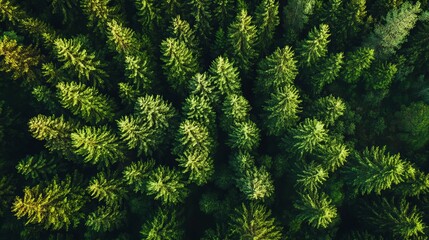Fototapeta premium Aerial view lush green pine forest trees nature background top dark wood drone image shade leaves