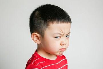 Mischievous baby boy with a smirk and side glance in a red striped shirt against a white background