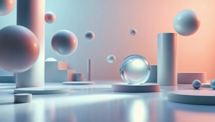 Abstract Geometric Sphere and Cylinder Composition: A contemporary 3D rendering of geometric shapes, featuring a transparent sphere amidst a field of suspended white spheres and cylinders.