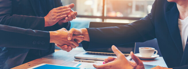 Banner Trust honesty business customer handshake together promise partner. Panorama Businessman...