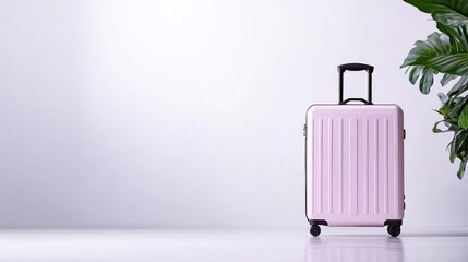 Pink Suitcase Tropical Plant Minimalist Style High-resolution Studio Lighting Centered Full Shot Smooth Surface Ready for Travel White Background Soft Pastel Tones Perfect for Vacation Ads