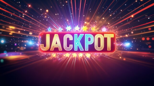 Vibrant jackpot sign radiating energy and excitement in a dynamic casino atmosphere with colorful beams and sparkling effects