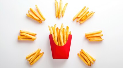 Small carton boxes with fries arranged in circular formation on white background
