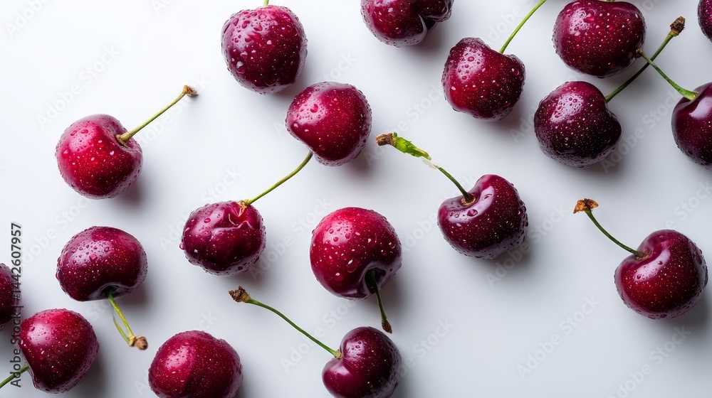 Poster fresh glossy black cherries scattered on a white surface highlight their rich color and detail, crea
