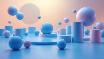 Abstract Geometric Composition: A captivating 3D rendering showcasing a harmonious arrangement of geometric shapes in soft pastel hues, creating a minimalist yet visually engaging aesthetic.