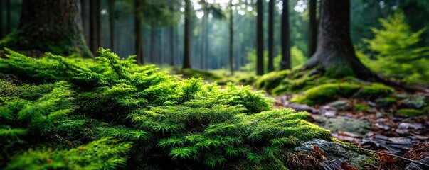 Fototapeta premium Green moss with natural colours in peaceful forest concept. Lush green moss in serene forest setting.