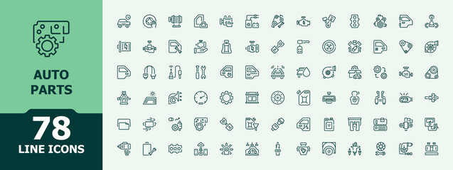 Auto Parts icon collection. Automotive icon set. Minimal icons collection. Related to auto, parts, part, service, repair, vehicle and more. Editable vector art and illustration.