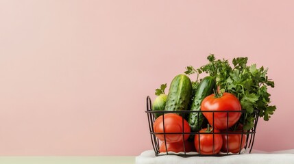 Fresh vegetables including tomatoes, cucumbers, and greens in a cup on a rustic kitchen background. Healthy organic food concept, flatlay style.