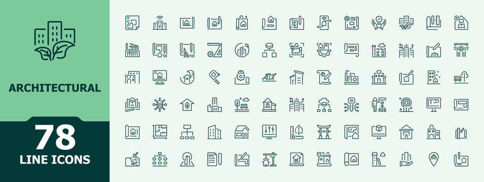 Architectural linear icon set. Plan related icon set. Pack of architect, project, blueprint, architecture, engineering, measurement, design and more. Minimalist icons collection.