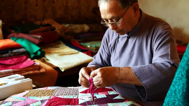 Woman s Hands Quilting a Patchwork Quilt with Vibrant Colors