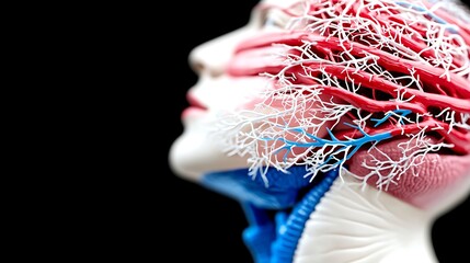 Anatomy Face sculpture with revealed muscle tissues, veins, and arteries on a black background