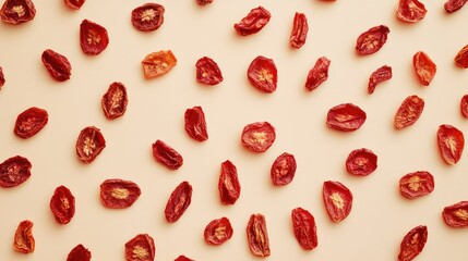 Sun-dried tomatoes in close-up view, showing detailed texture and vibrant red color, perfect for culinary and organic food themes.