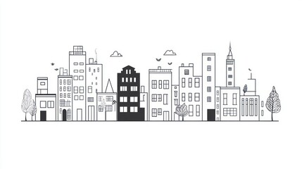 Fototapeta premium Cityscape skyline illustration, urban buildings, simple design, background clouds, website banner