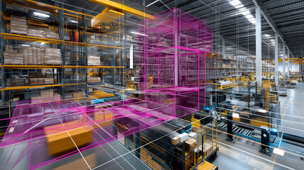 WMS. Warehouse Management System. Inventory control technology. Warehouse automation efficiency. Supply chain shipment. Digital twin of warehouse operations with WMS analysis.