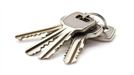 Small group of silver house keys with decorative keychain on white background.