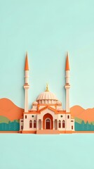 Fototapeta premium Minimalist Mosque Illustration with Orange and Blue Background