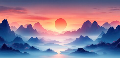 Fototapeta premium Majestic mountain range at sunrise, painted in vibrant hues.