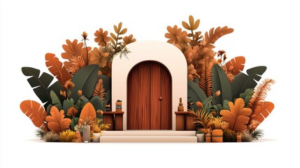 Fototapeta premium A wooden arched door is surrounded by lush, orange and green tropical plants, creating a warm and inviting entrance.