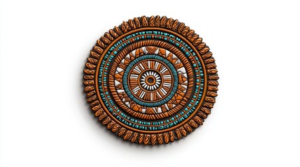 Obraz premium A circular, intricate mandala design with geometric patterns in blue, orange, and gold tones on a white background.