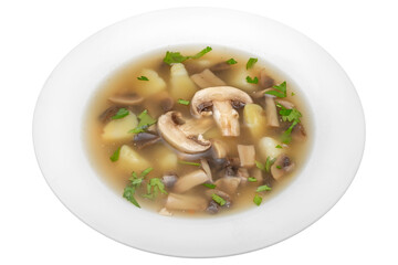 Soup with mushrooms and potatoes. Isolated on a white background.