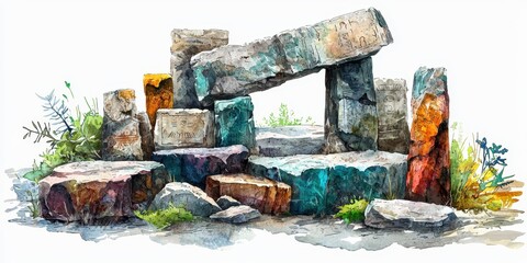 A watercolor illustration of ancient stone ruins with engraved markings, surrounded by plants and wildflowers.