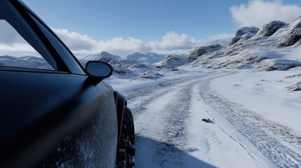 Obraz premium Snowy mountain road, a dark car