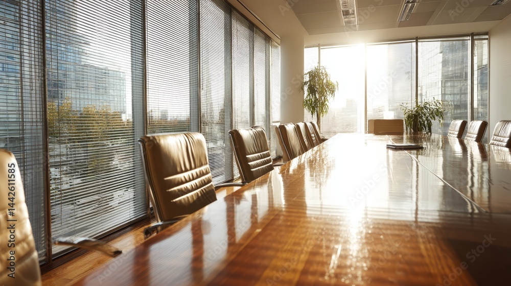 Aufkleber bright sunlight streams through blinds, illuminating a polished table in an empty conference room, c