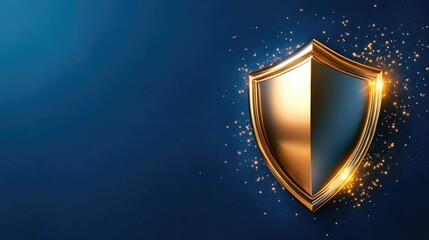 Fototapeta premium Golden shield protection illuminated by sparks. Security, data safety, privacy services backdrop for internet website, finance backdrop design with copy space