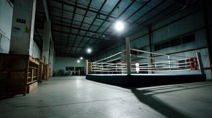 Empty boxing ring stands illuminated in a dim arena, dramatic spotlights casting striking shadows over the ropes and canvas, ready for action or branding