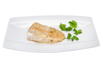 Grilled scallops with parsley on white plate. Isolated over white background