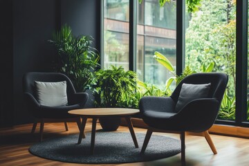 Modern waiting area with plants and large windows