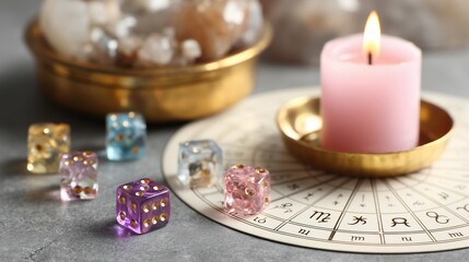Colorful dice and a pink candle on an astrology chart create a mystical atmosphere for fortune telling