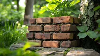A small brick structure with plants growing on top, set amidst greenery in a natural outdoor environment. Concept Small Brick Structure, Plants on Roof, Natural Outdoor Setting, Lush Greenery
