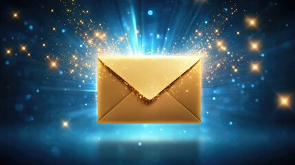 Gold notification envelope with illuminating light for e-mail marketing campaign, special business offer email, for promotion, sending letters for Christmas or New Year.