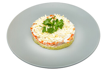 Russian salad Olivier on a gray plate. Isolated over white background
