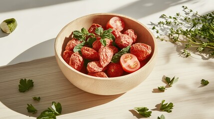 Sun-dried tomatoes in close-up view, showing detailed texture and vibrant red color, perfect for culinary and organic food themes.