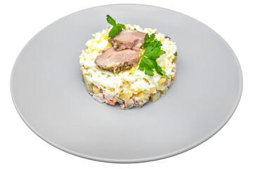 Risotto with pork, egg and vegetables. Isolated over white background