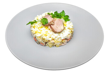 Risotto with pork, egg and vegetables. Isolated over white background