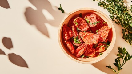 Sun-dried tomatoes in close-up view, showing detailed texture and vibrant red color, perfect for culinary and organic food themes.